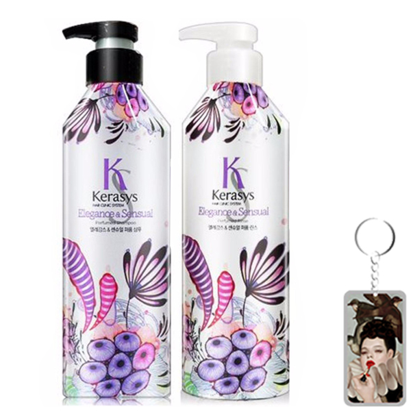 Bộ dầu gội/xả nước hoa Kerasys Elegance &amp; Sensual hương violet và xạ hương Hàn Quốc 600ml + Móc khoá