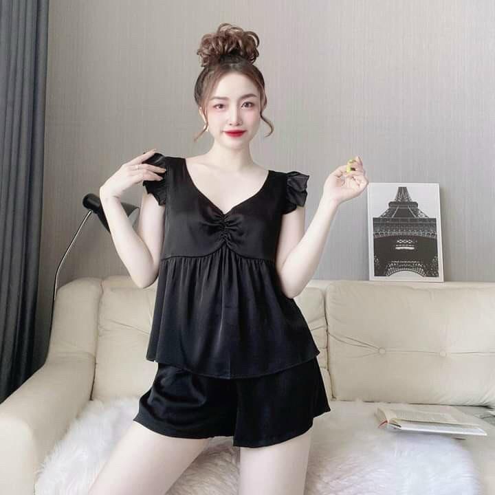 DỄ THƯƠNGSet đồ ngủ nhún nơ tay cánh tiên quần đùi đồ bộ lụa satin cao cấp mặc nhà freesize 58kg