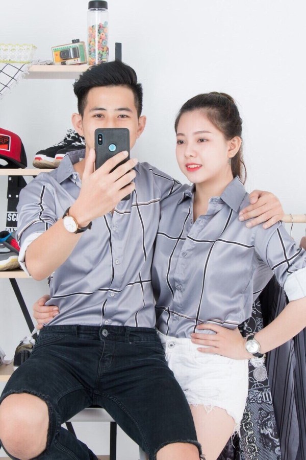 Áo Sơ Mi Cặp Ô Vuông Xám ACX46247
