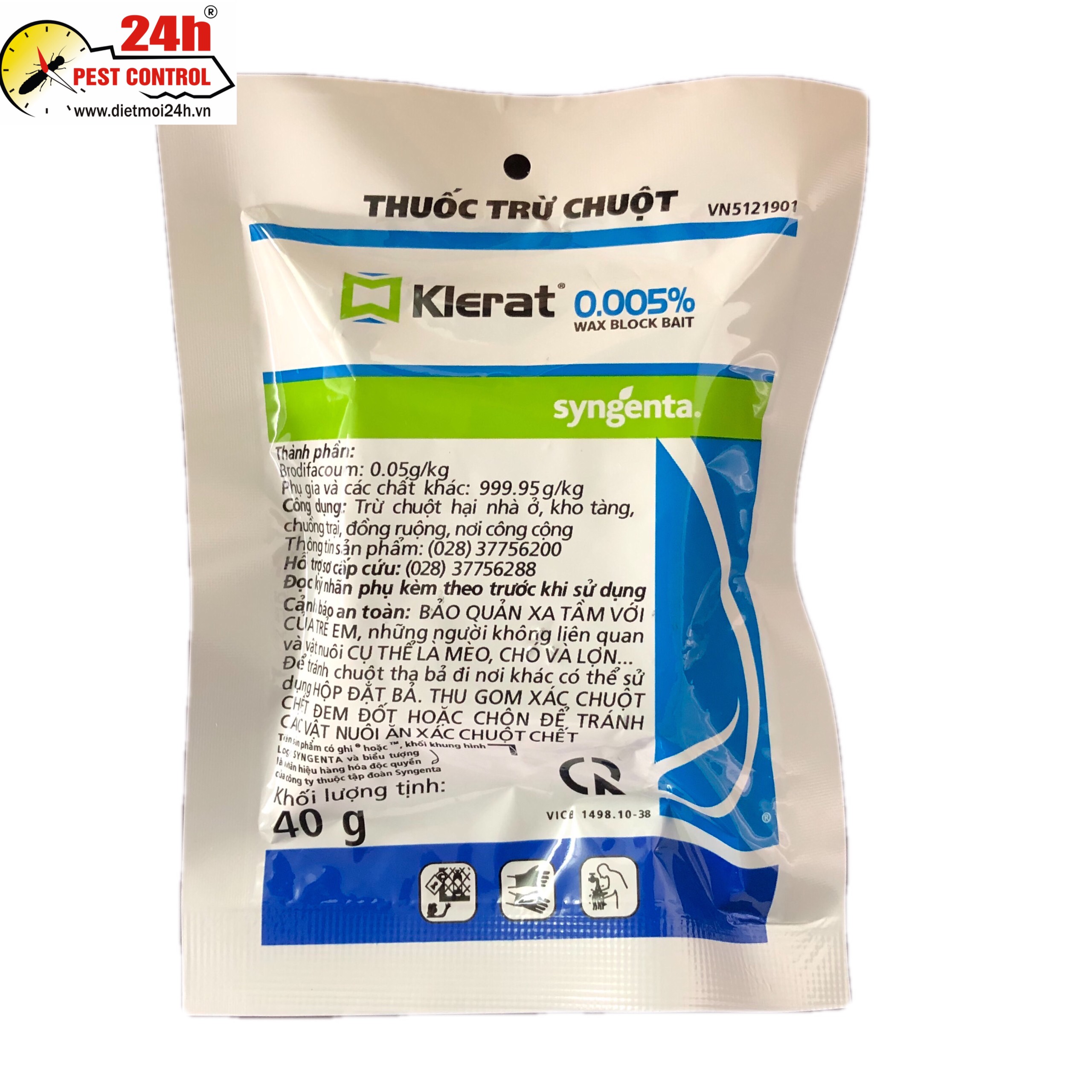 Thuốc trừ chuột Klerat 0.005% gói 40gam dạng viên mềm