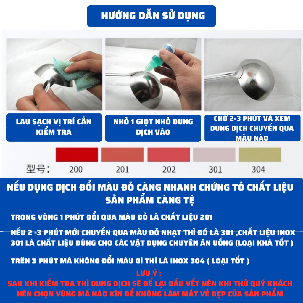 Dung dịch thử inox 201, 304, 202, 301 chính xác nhanh chóng, giúp kiểm tra  thử inox  tiện lợi dễ dàng - hàng chính hãng