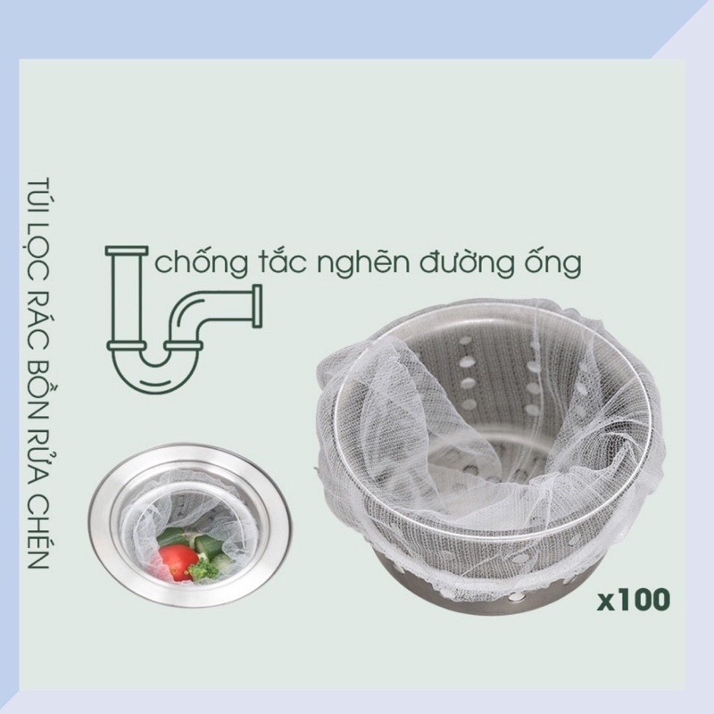 Túi lọc rác bồn rửa chén tiện lợi, túi lưới lọc rác bồn rửa chén thông minh (set 100 túi)