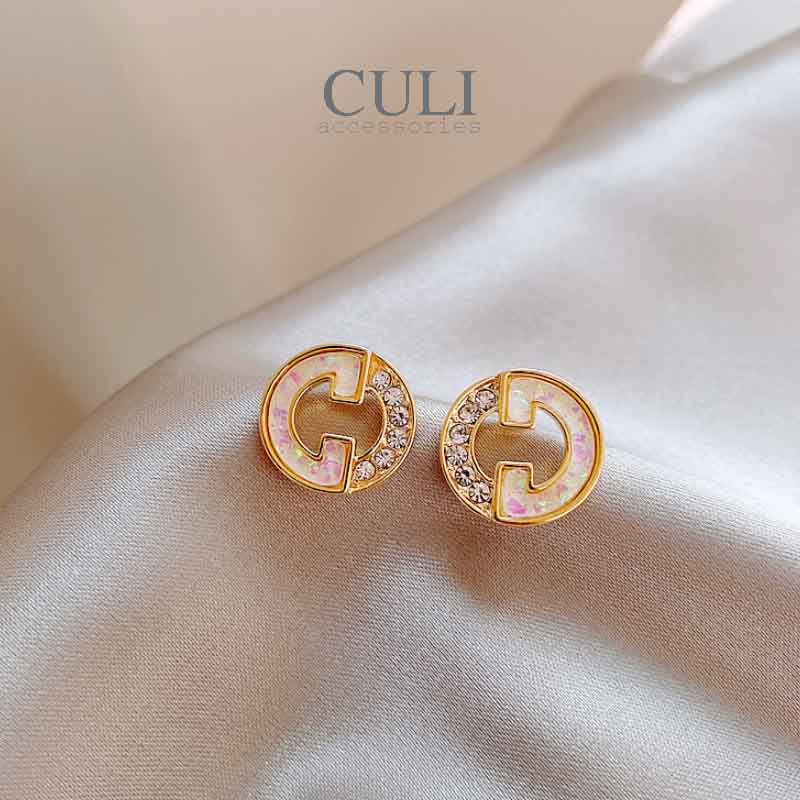 Khuyên tai bạc S925, khoen tròn đính đá, phối xà cừ sang trọng HT665 - Culi accessories
