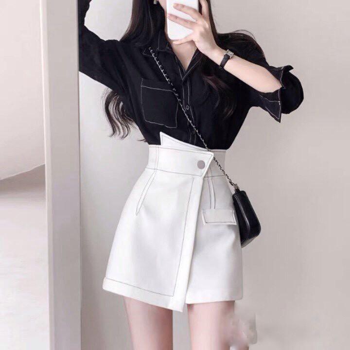 Quần giả váy quần chân váy cạp chéo viền chỉ nổi phong cách Hàn Quốc Mophus MV010