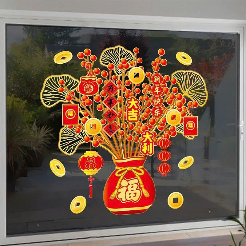 COMBO 2 Decal Trang Trí Tết 2026 Hít Tĩnh Điện | Chậu Đào Đông Đỏ Trang Trí Cửa Kính PVC- HÀNG CHÍNH HÃNG MINIIN