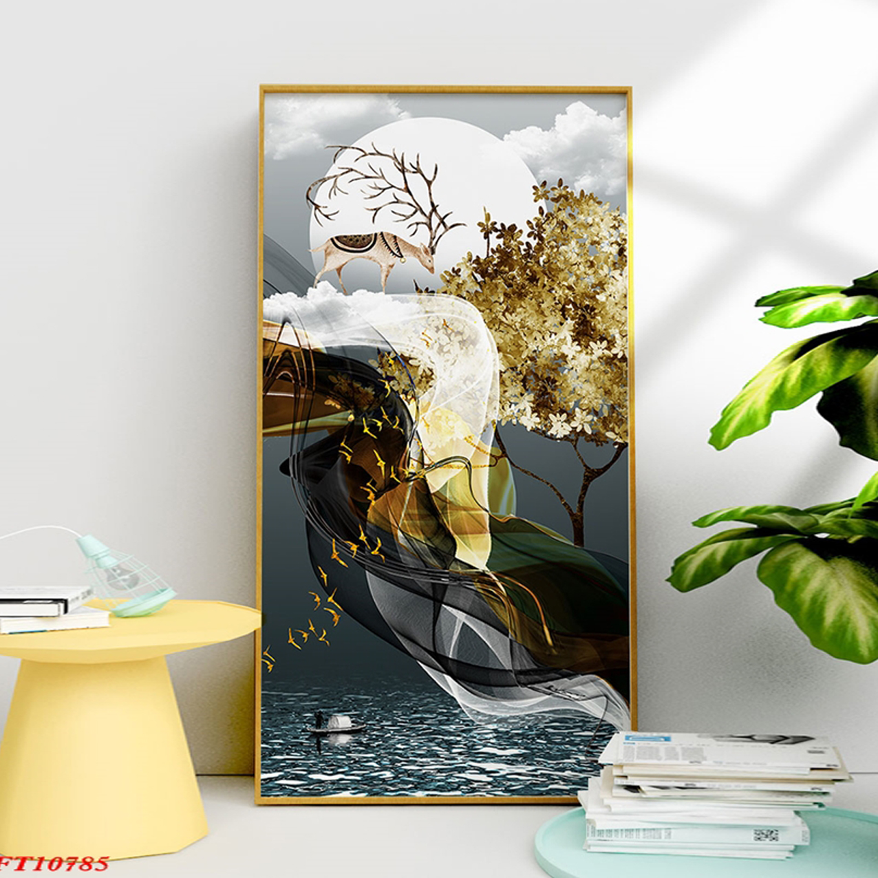 Khung Tranh Đơn Trang Trí Cao Cấp - Tranh Canvas Chú Hươu Có Cặp Sừng Hoa Tuyệt Đẹp