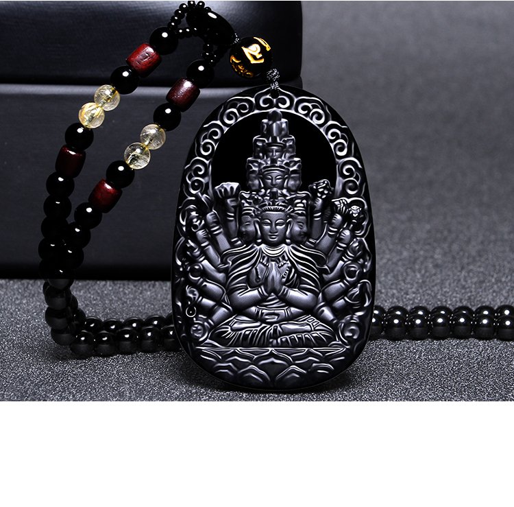Chuỗi hạt đeo cổ mặt Phật bản mệnh theo tuổi bằng đá Obsidian - đá thủy tinh núi lửa tự nhiên MS01