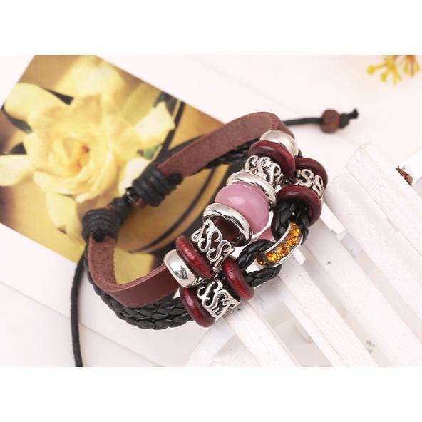 Vòng Đeo Tay Cá Tính Mix Hạt Gỗ + Hạt Gốm Da Unisex