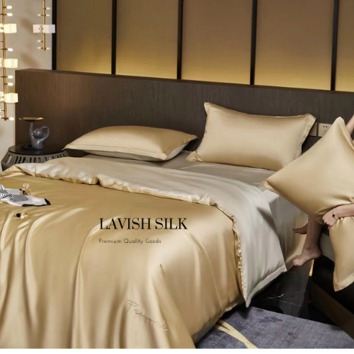 Trọn Bộ Ga Gối Lụa Kèm Chăn Sẵn Ruột + Tặng Bộ Quà Tặng Lavish Silk Cao Cấp - Vàng Đồng Mix Bạc Kim