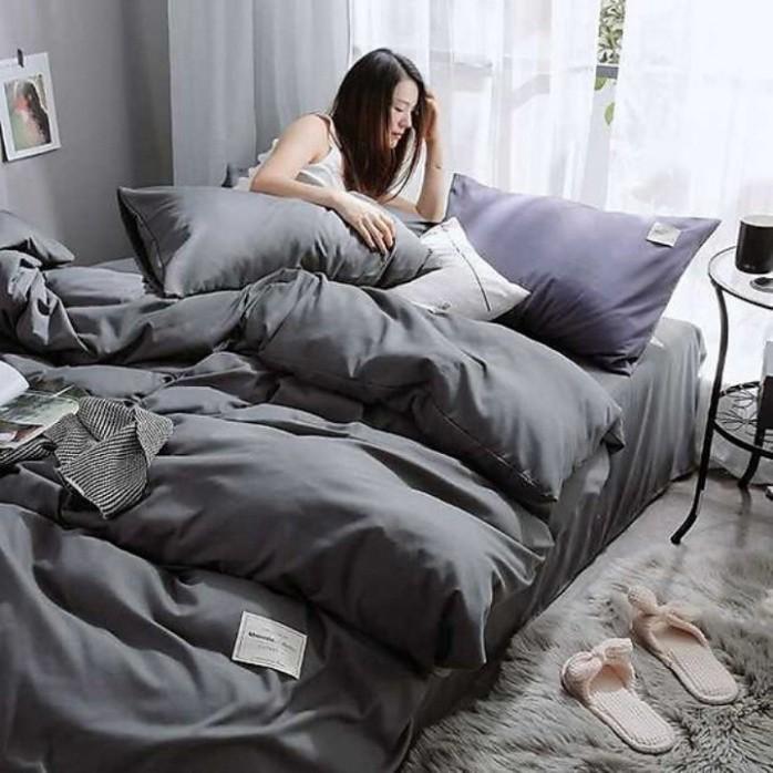 Trọn Bộ 5 Món Chăn Trần Bông Ga Gối Cotton Tici Xuất Nhật Beauty Trơn - Màu Xám - LAN PHAM BEDDING
