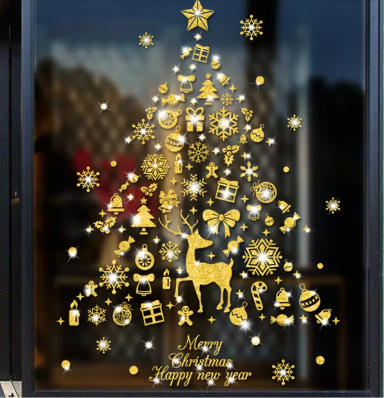 Decal trang trí Noel - Cây thông phụ kiện noel nhũ kim tuyến