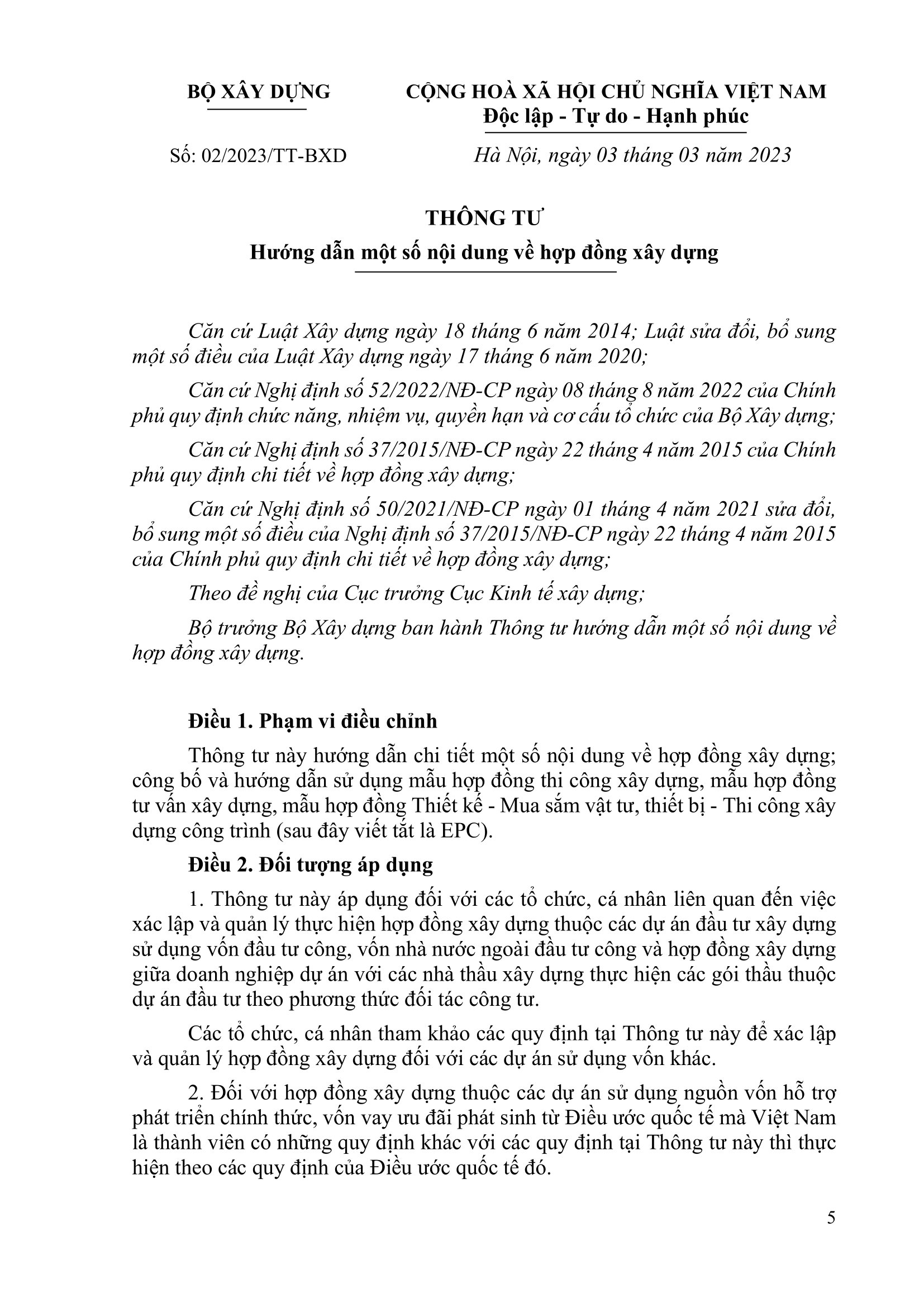 Quy định và hướng dẫn về hợp đồng xây dựng - thông tư 02/2023/TT-BXD