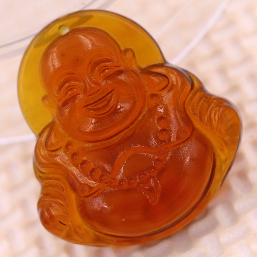 Mặt Phật Di lặc Pha lê trà 3.6 cm kèm vòng cổ dây dù đen + móc inox vàng, mặt dây chuyền Phật cười