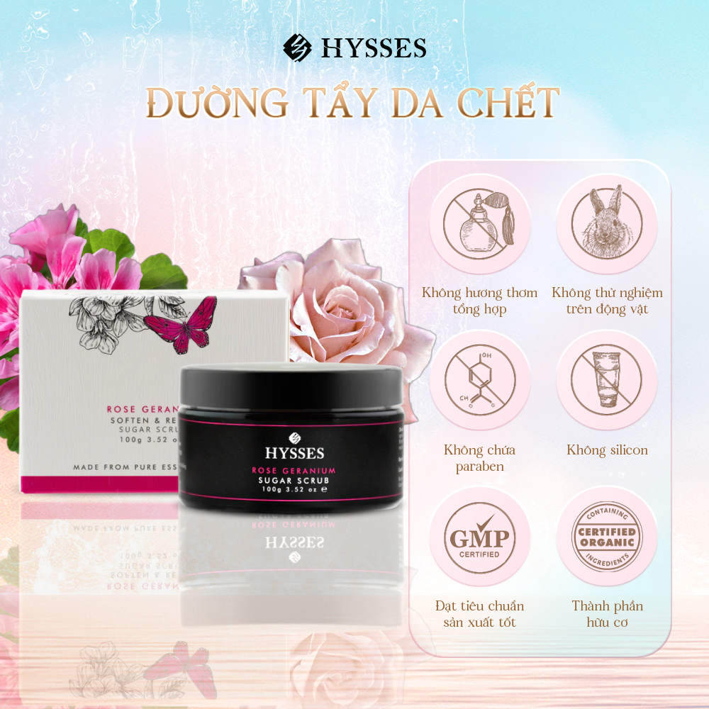 Đường Tẩy Tế Bào Chết Cao Cấp Hysses Sugar Scrub Giảm Tình Trạng Viêm & Mẩn Đỏ, Giúp Phục Hồi, Cấp Ẩm & Làm Đều Màu Da Với Tinh Dầu Hoa Hồng - Phong Lữ Hữu Cơ Tự Nhiên