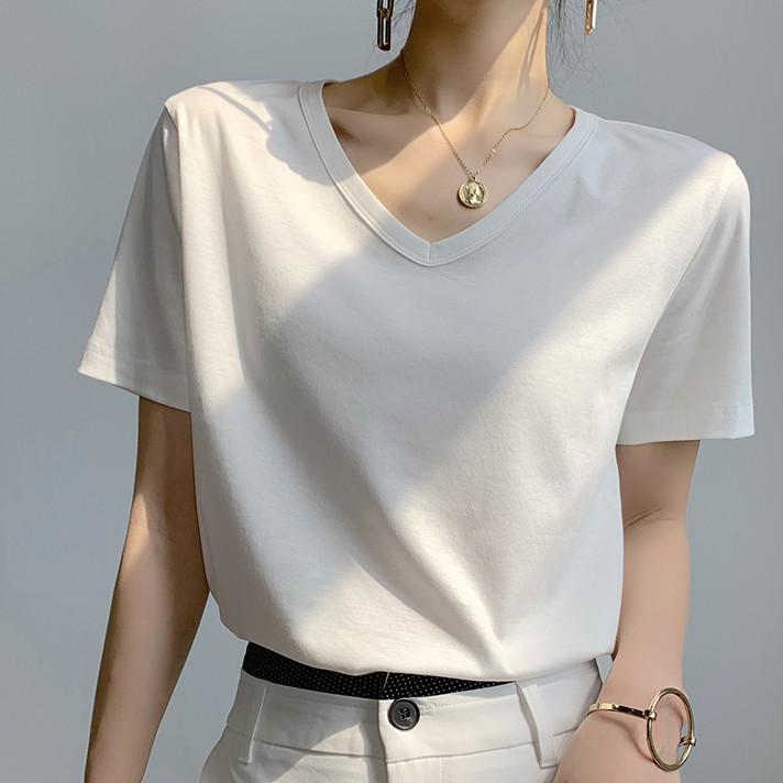 Áo Thun Nữ Cổ Tim Cộc Tay - Áo Phông Trơn Nữ Cổ Tim Cotton Cao Cấp, Dáng Xuông Trẻ Trung Năng Động