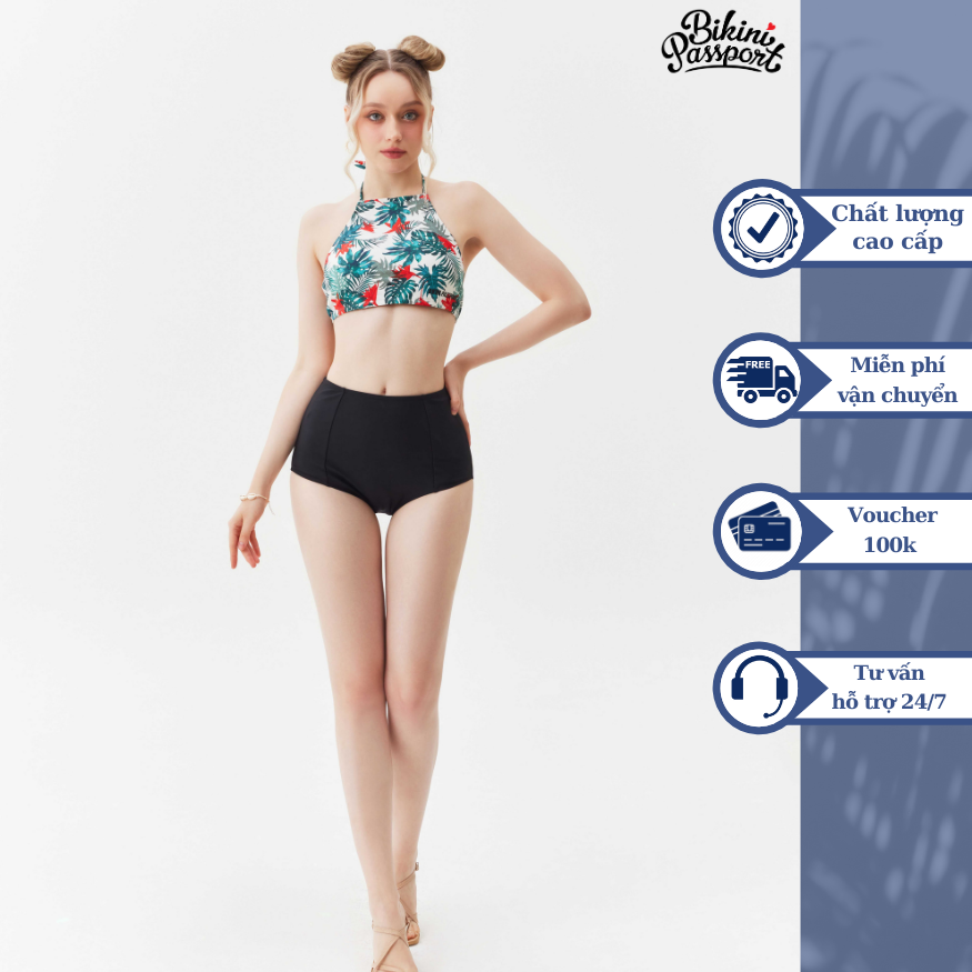 Quần bơi Nữ BIKINI PASSPORT kiểu Lưng cao - màu Đen - BS129_BL