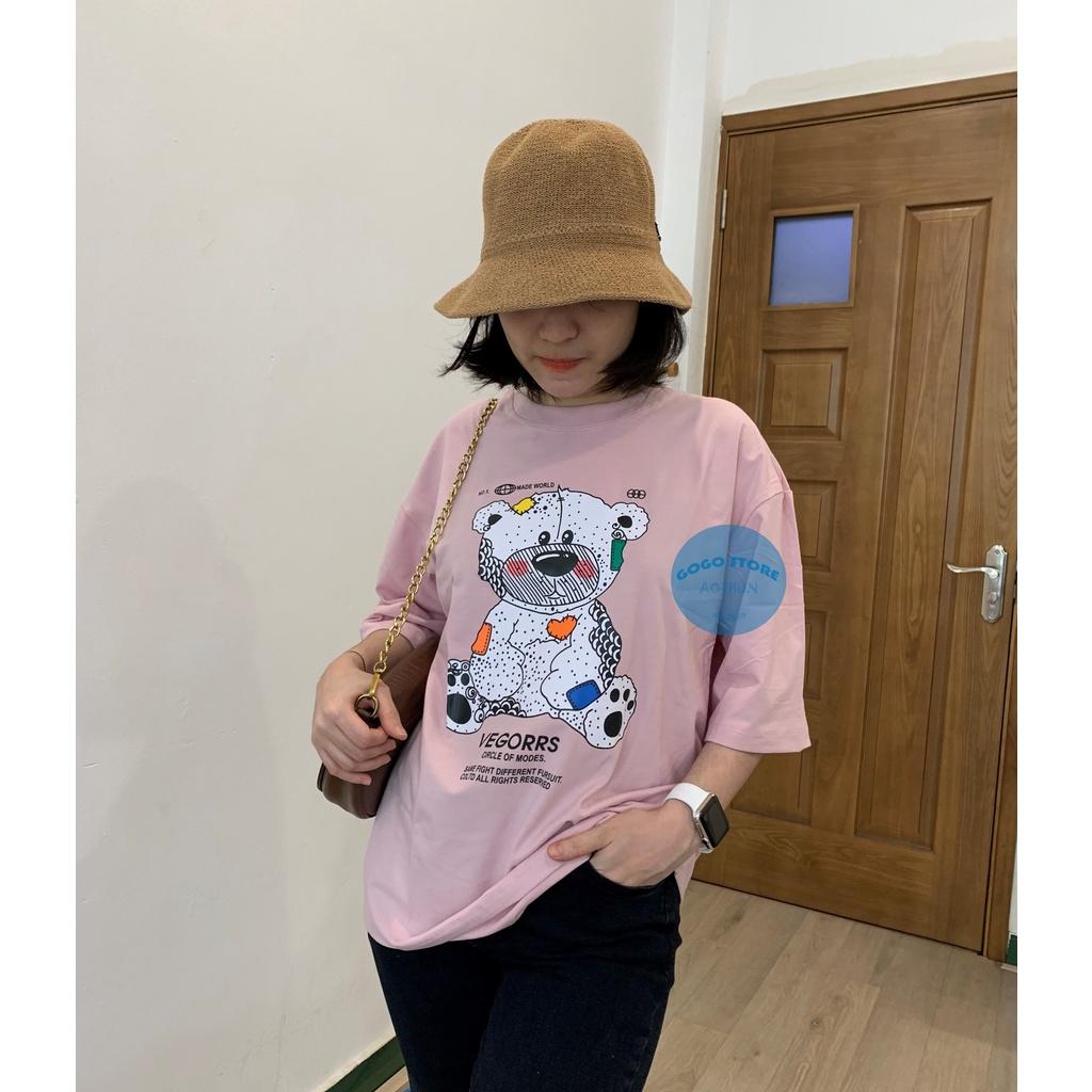 Áo thun unisex tay ngắn nam nữ hồng in gấu-MS16