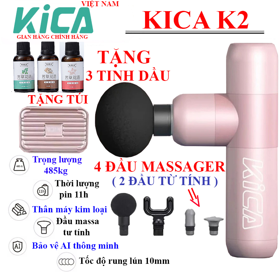 Máy Massage KICA K2,  Mát Xa Mini Đầu Kim Loại, Dung Lượng Pin 2000mAh Mát Xa Lên Đến 9 Giờ, Thân Máy Kim Loại, Sử Dụng 4 Đầu Massa Chuyên Sâu Nhanh Giảm Đau Nhức Cơ Bắp Phục Hồi Nhanh Chóng