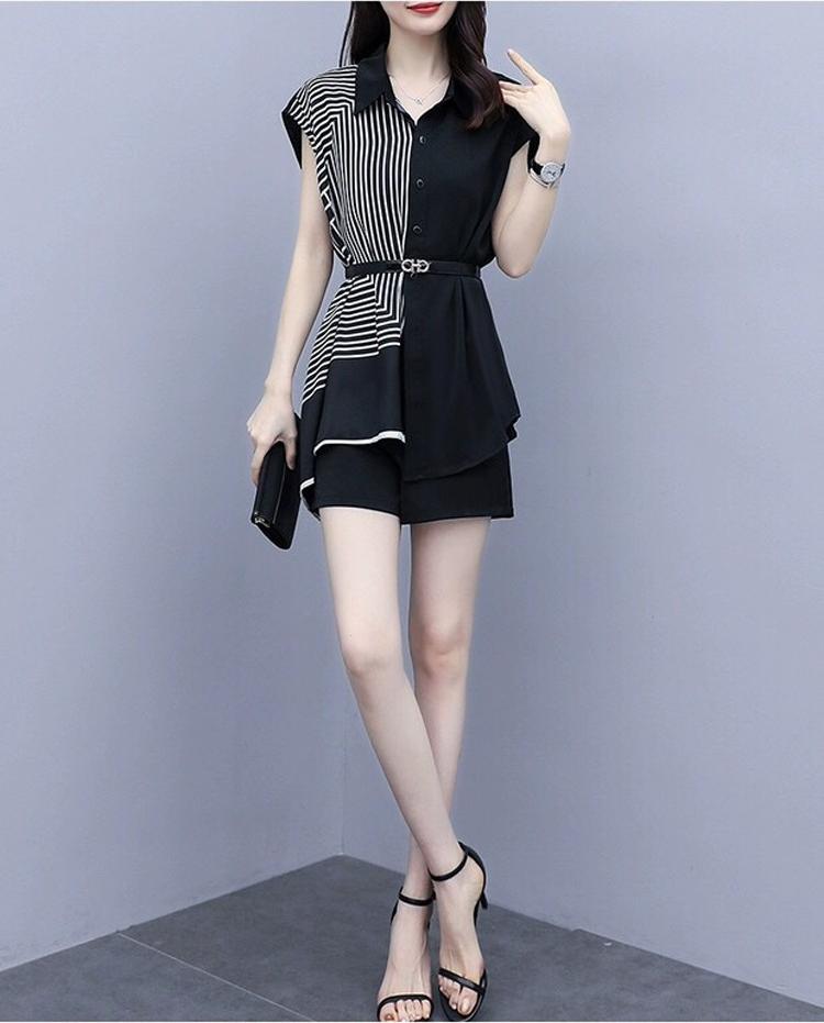 Set bộ sọc quần short phối phụ kiện kèm thắt lưng