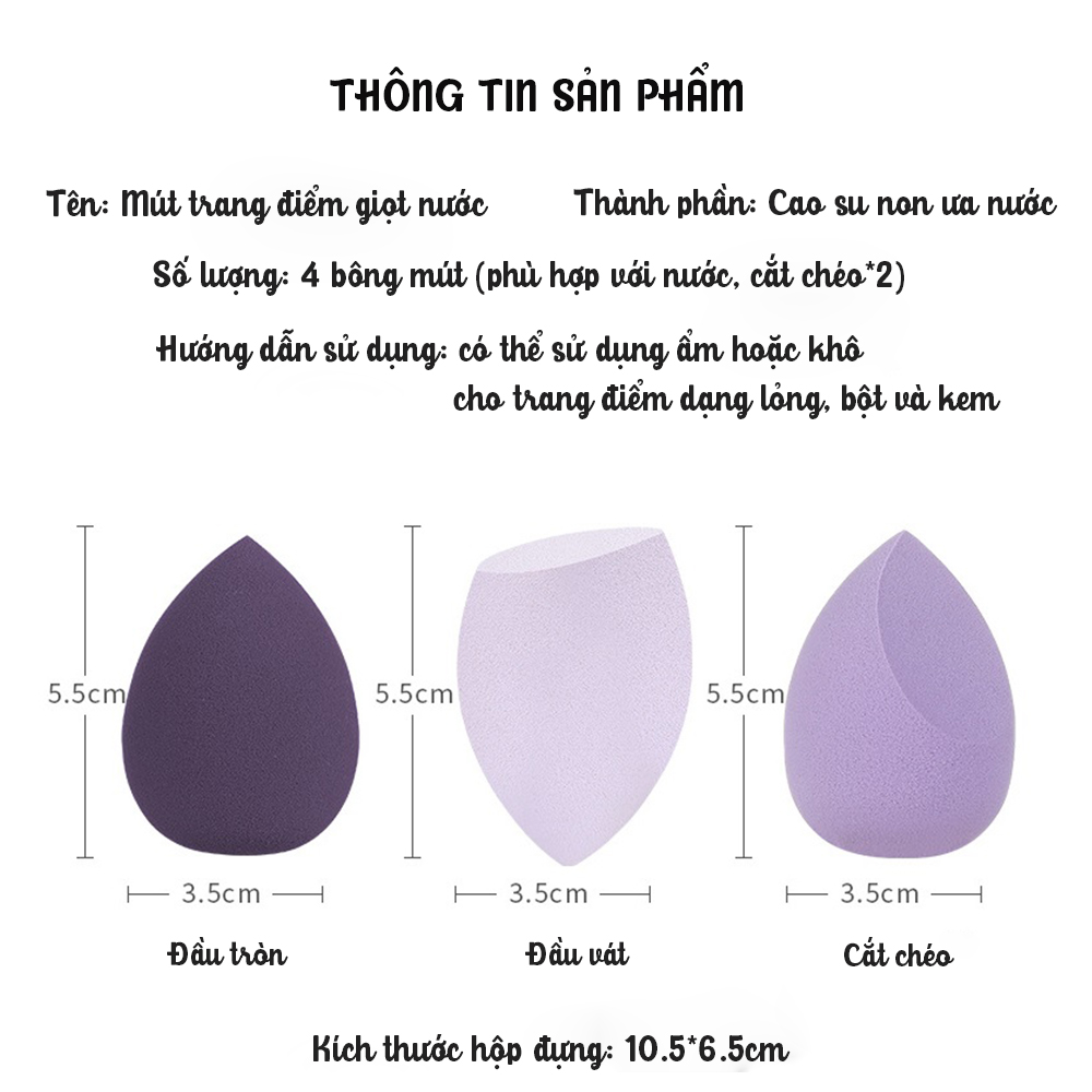 Bộ 4 mút tán trang điểm mềm mại không chứa cao su Latex, mút đánh phấn kem nền đa năng, hạn chế thấm nước, nhỏ gọn mềm mịn an toàn với da