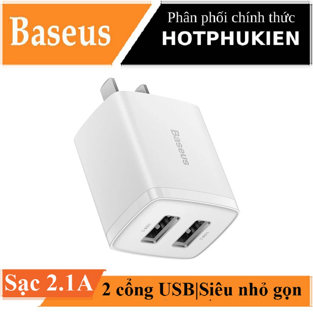 Cóc củ sạc adapter sạc nhanh 10.5W đa năng 2 cổng USB A hiệu Baseus Compact Charger trang bị chip sạc thông minh,  công nghệ tản nhiệt BCT, chân cắm US-UK - hàng nhập khẩu