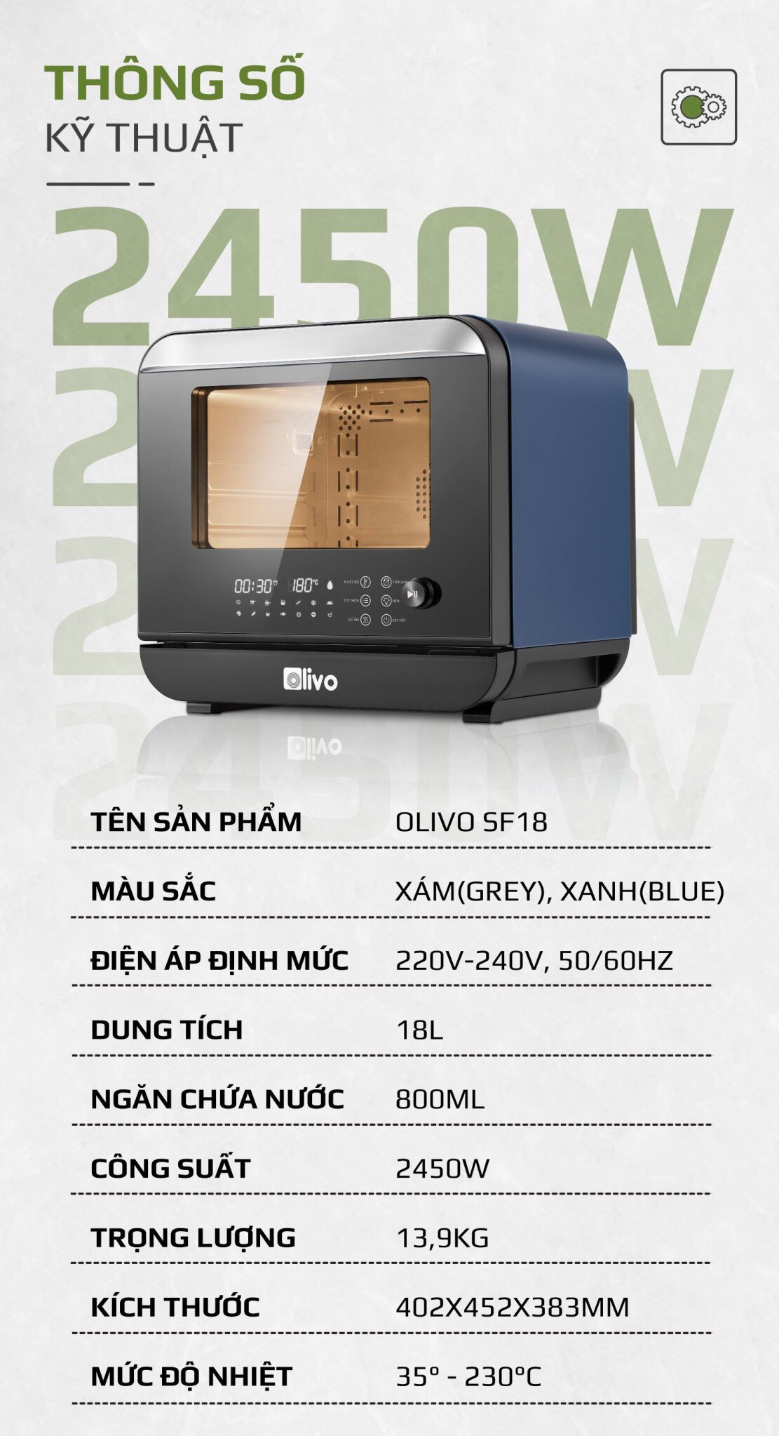 Nồi Chiên Hơi Nước OLIVO SF18 - 50 Chức Năng - Dung Tích 18L - Công Suất 2450W - Thương Hiệu Mỹ - Hàng Chính Hãng