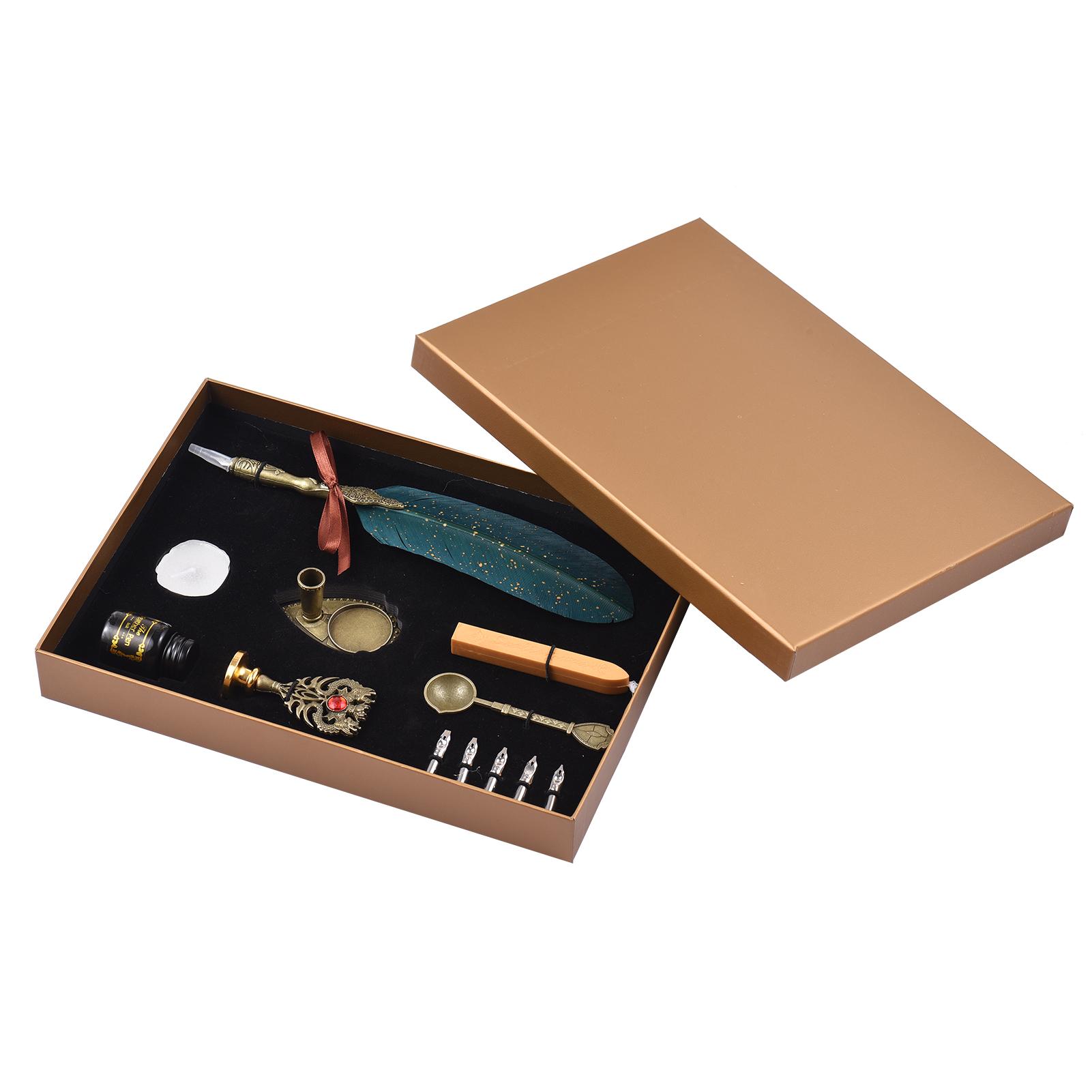 Calligraphy Pen Ink Set and Wax Seal Kit Quill Pen and Ink Set Feather Pen Antique Calligraphy Dip Pen with 10 Replacement Nibs Vintage Gift Box