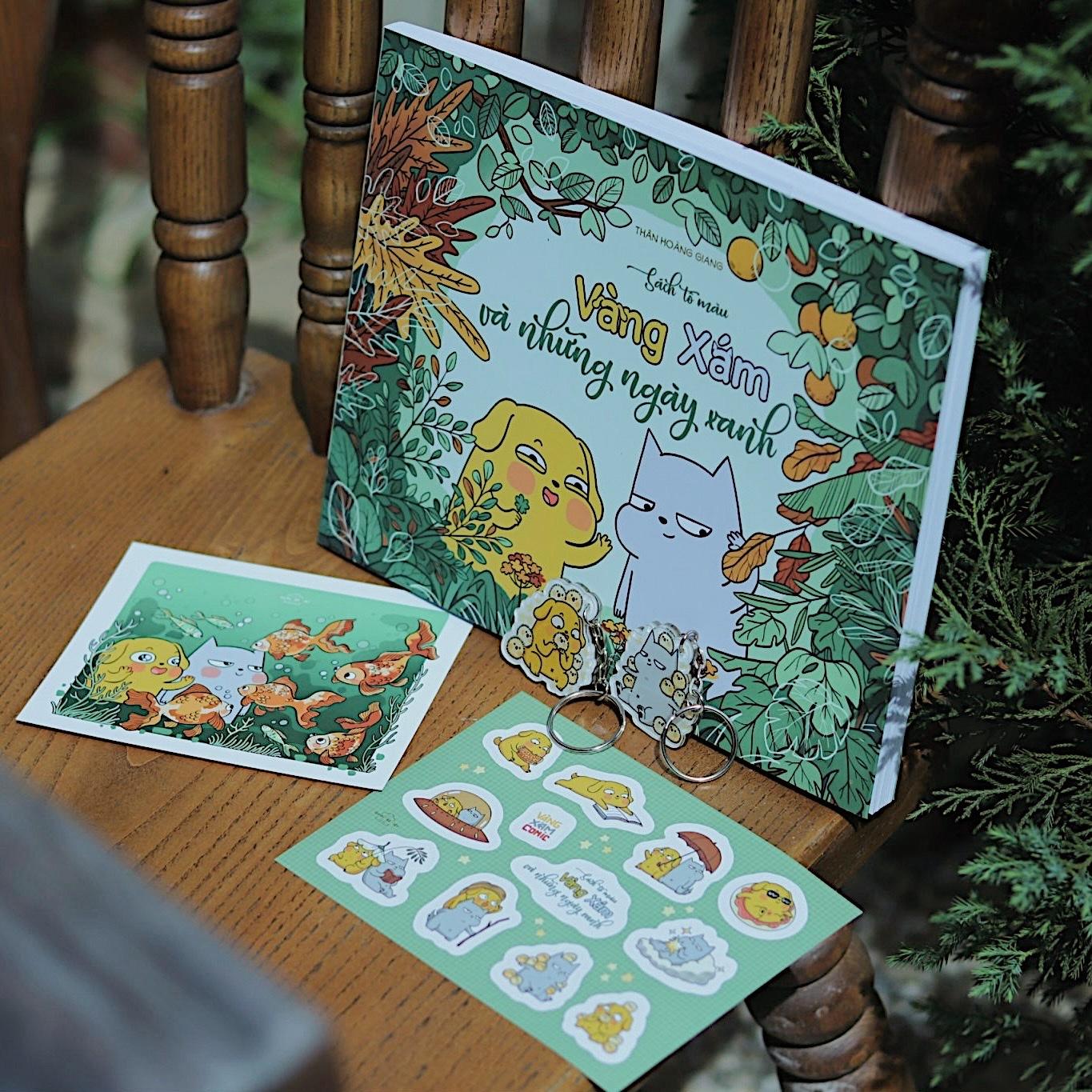 Sách Tô Màu - Vàng Xám Và Những Ngày Xanh - Bản Đặc Biệt - Tặng Kèm Sticker + Postcard + Móc Khóa Ngẫu Nhiên 1 Trong 2 Mẫu