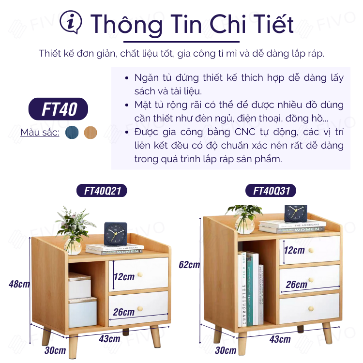 Kệ Tủ Đầu Giường Gỗ FIVO FT40 Mini Màu Gỗ Nhiều Ngăn Đẹp Hiện Đại, Phong Cách Châu Âu Sang Trọng  - Hàng Chính Hãng