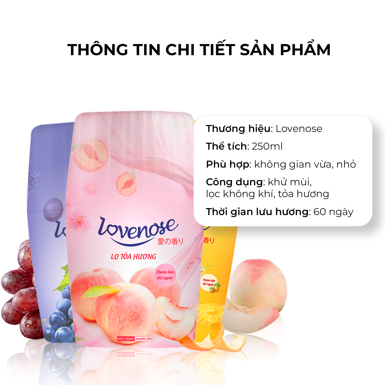 Lọ tỏa hương Lovenose thơm 60 ngày, an toàn, thanh lọc không khí, sáp khử mùi phòng thế hệ mới 250ml