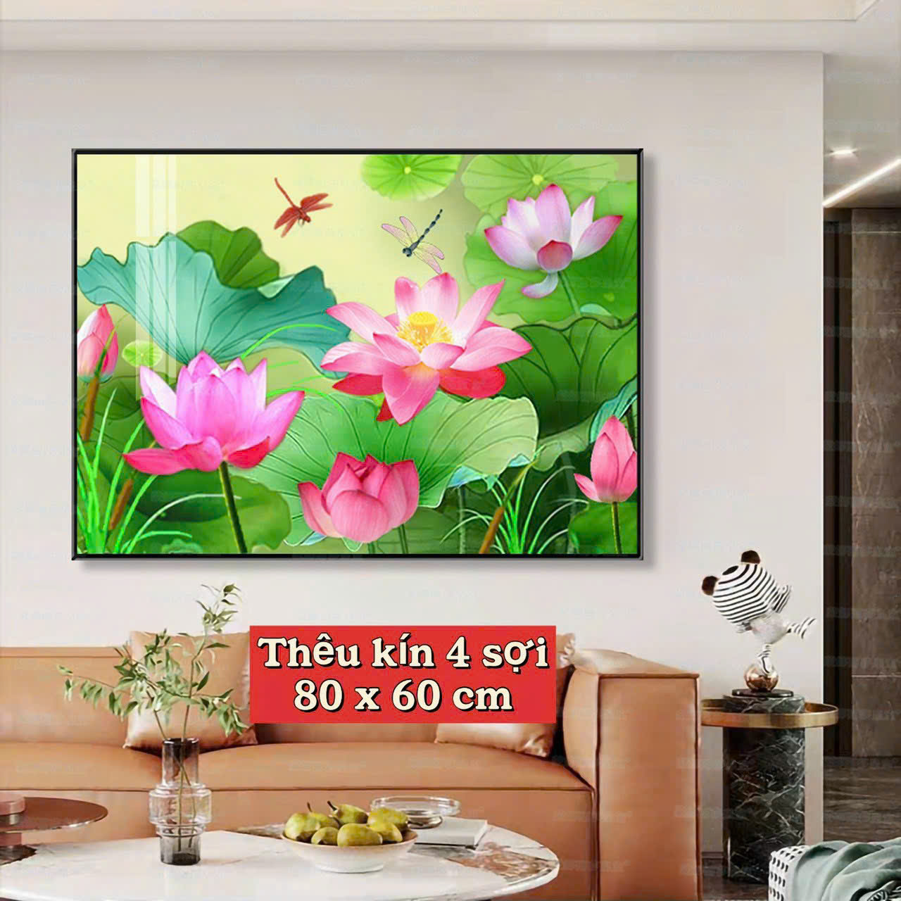 [Thêu 4 sợi] Tranh thêu kín chữ thập Hoa sen 64352, 9CT, kích thước 80 x 60 cm