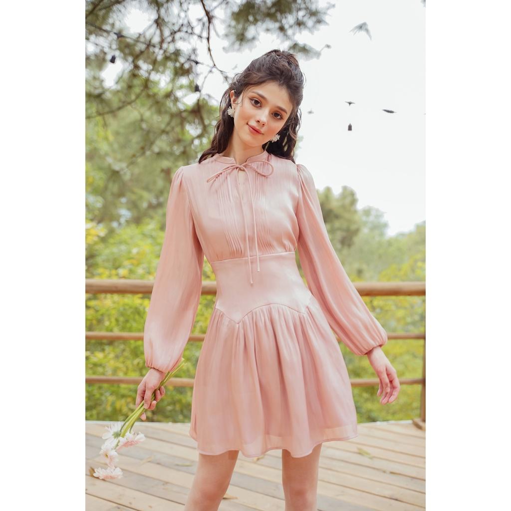 Váy liền nữ Méo shop cổ nơ bo eo dáng xoè đầm dài tay Libern