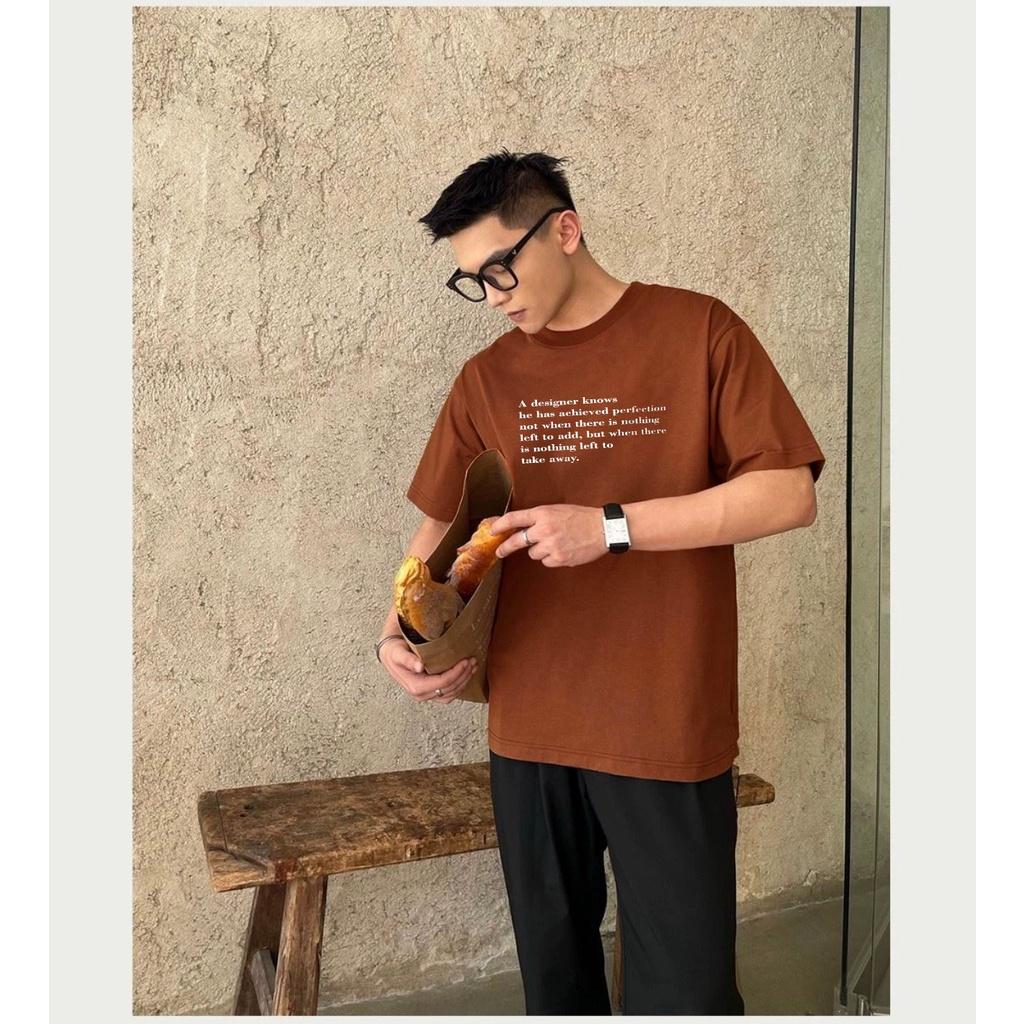 Áo thun nam nữ unisex tay lỡ form rộng in chữ DESIGNER new vải cotton màu nâu TOP Trending