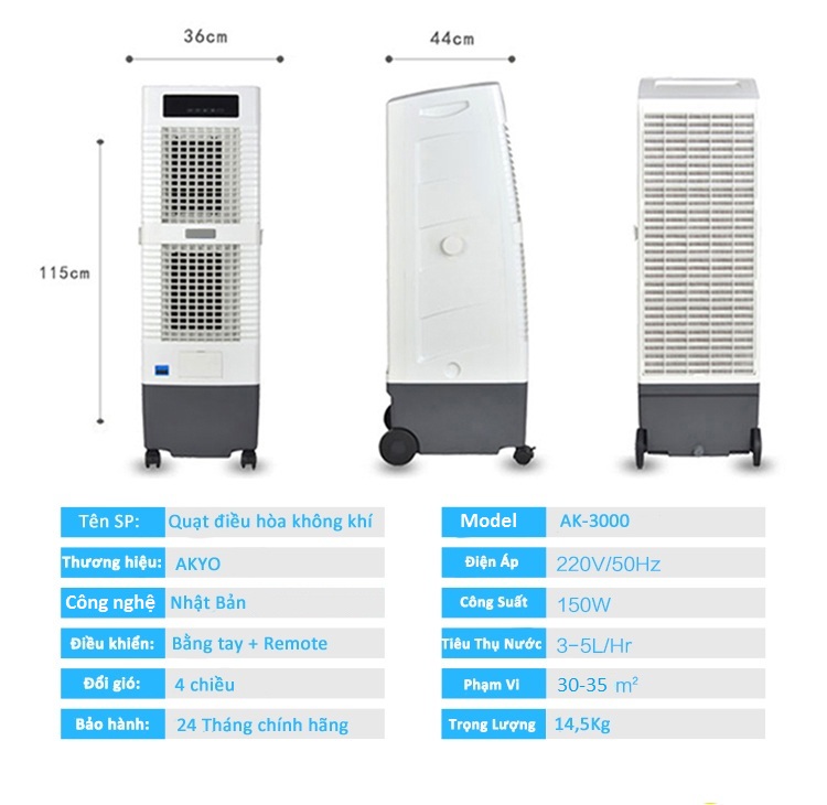 Quạt điều hòa không khí AKYO AK-3000 công suất 150W - hàng chính hãng