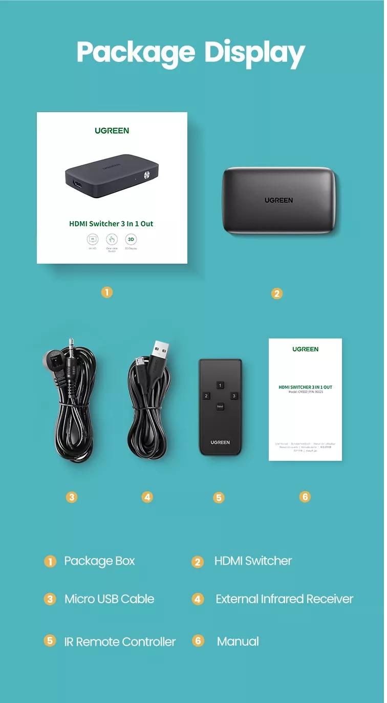 Ugreen UG80125CM332TK 4K@30HZ bộ chuyển 3 vào 1 ra HDMI Switcher hỗ trợ 4k 1080p - HÀNG CHÍNH HÃNG