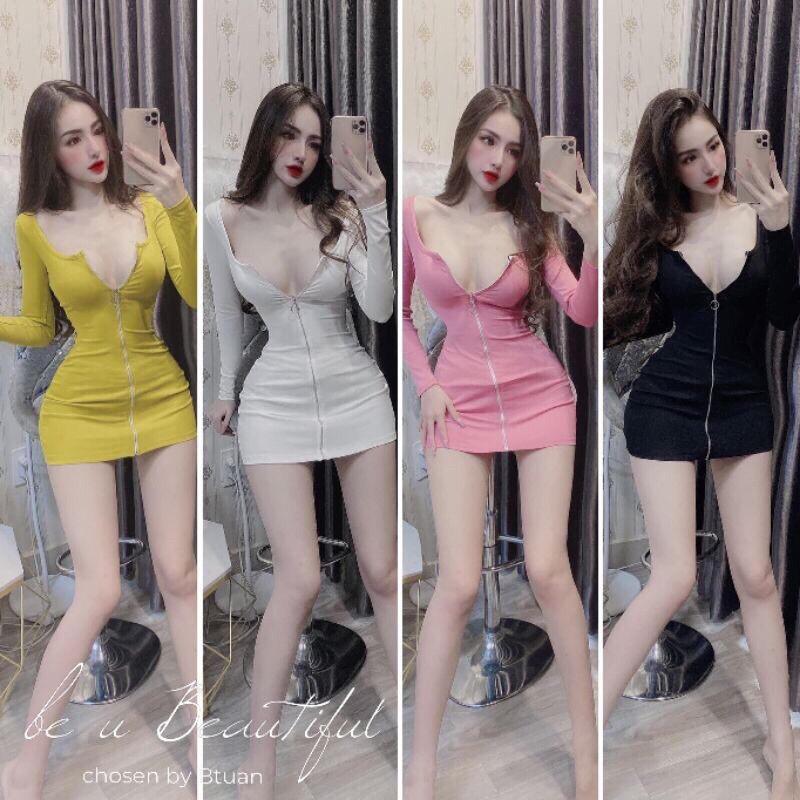 Đầm Body Cổ Vuông TD Xỏ Ngón Kéo Khoá Ngực Sexy