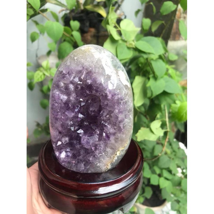 Miếng Đá Thạch Anh Tím Trái Tim Nhỏ đế gỗ Tự Nhiên Kt Cao 12cm N11cm S9cm Anh Chị Đặt Bàn Làm Việc Bàn Thờ Thần Tài May Mắn Thu Hút Tài Lộc ạ