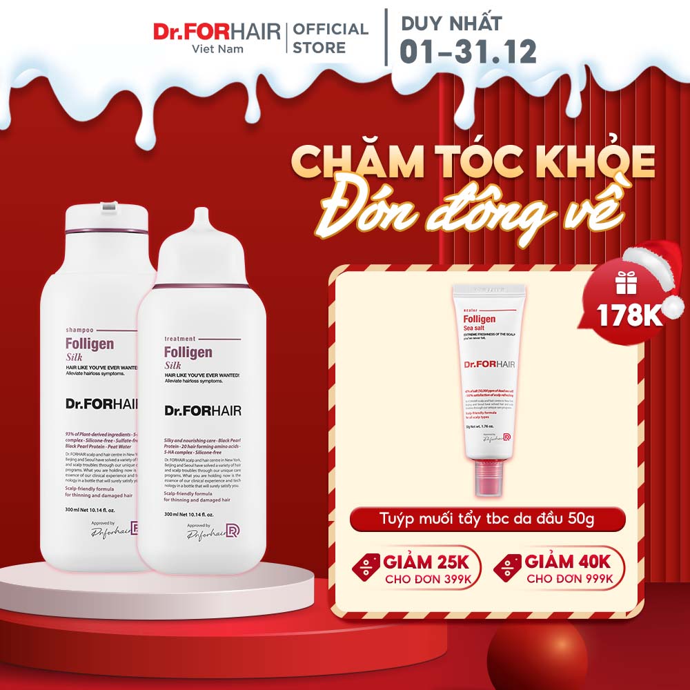 Combo gội xả dành cho tóc mỏng và hư tổn không chứa silicon Dr.FORHAIR FOLLIGEN SILK SHAMPOO x FOLLIGEN SILK TREATMENT