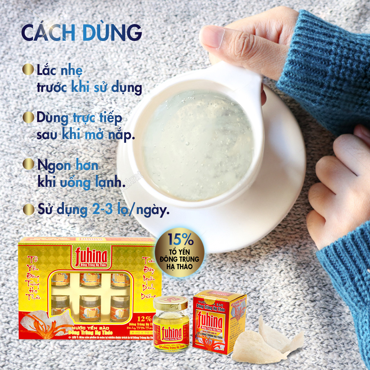 Nước yến sào Đông Trùng Hạ Thảo FUHINA 12%, không chất bảo quản, Tăng cường sinh lực và phục hồi sức khỏe người bệnh