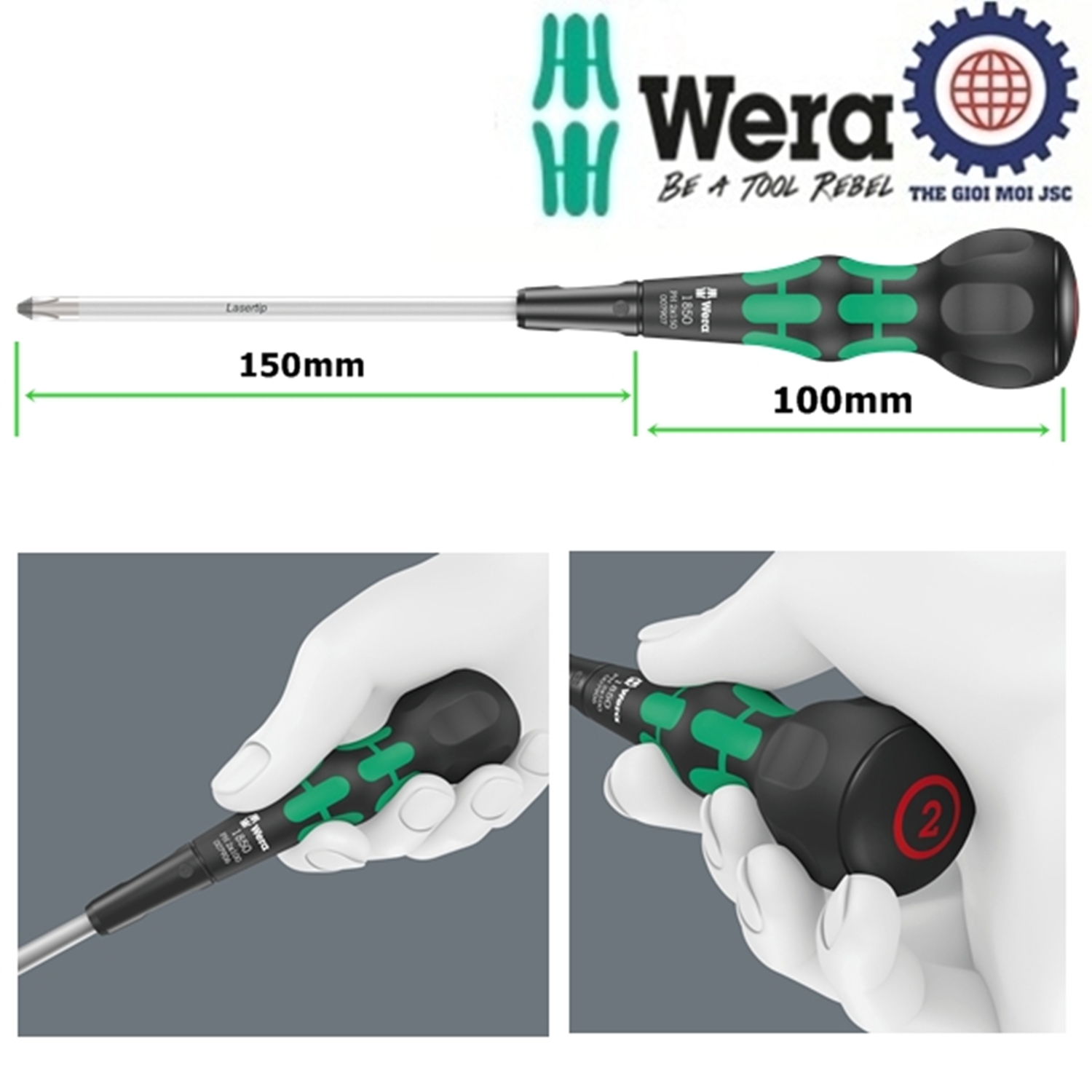 Tua vít 4 cạnh cán tròn Ball-Grip PH2 Wera 05007907001 1850 PH 2 x 150 mm với mũi vít Lasertip chống trượt vít