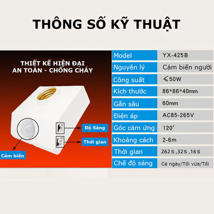 Đui đèn cảm ứng chuyển động đuôi xoáy E27 tự động Bật/Tắt, đui đèn cảm biến hồng ngoại thông minh