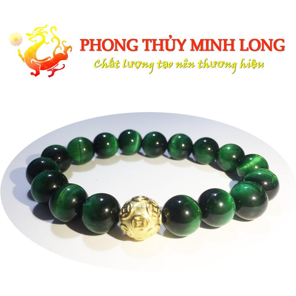 Vòng tay đá Mắt Hổ Xanh Lá chất lượng 5A mix 1 hạt kim tiền Vàng hợp mệnh Mộc và Mệnh Hỏa