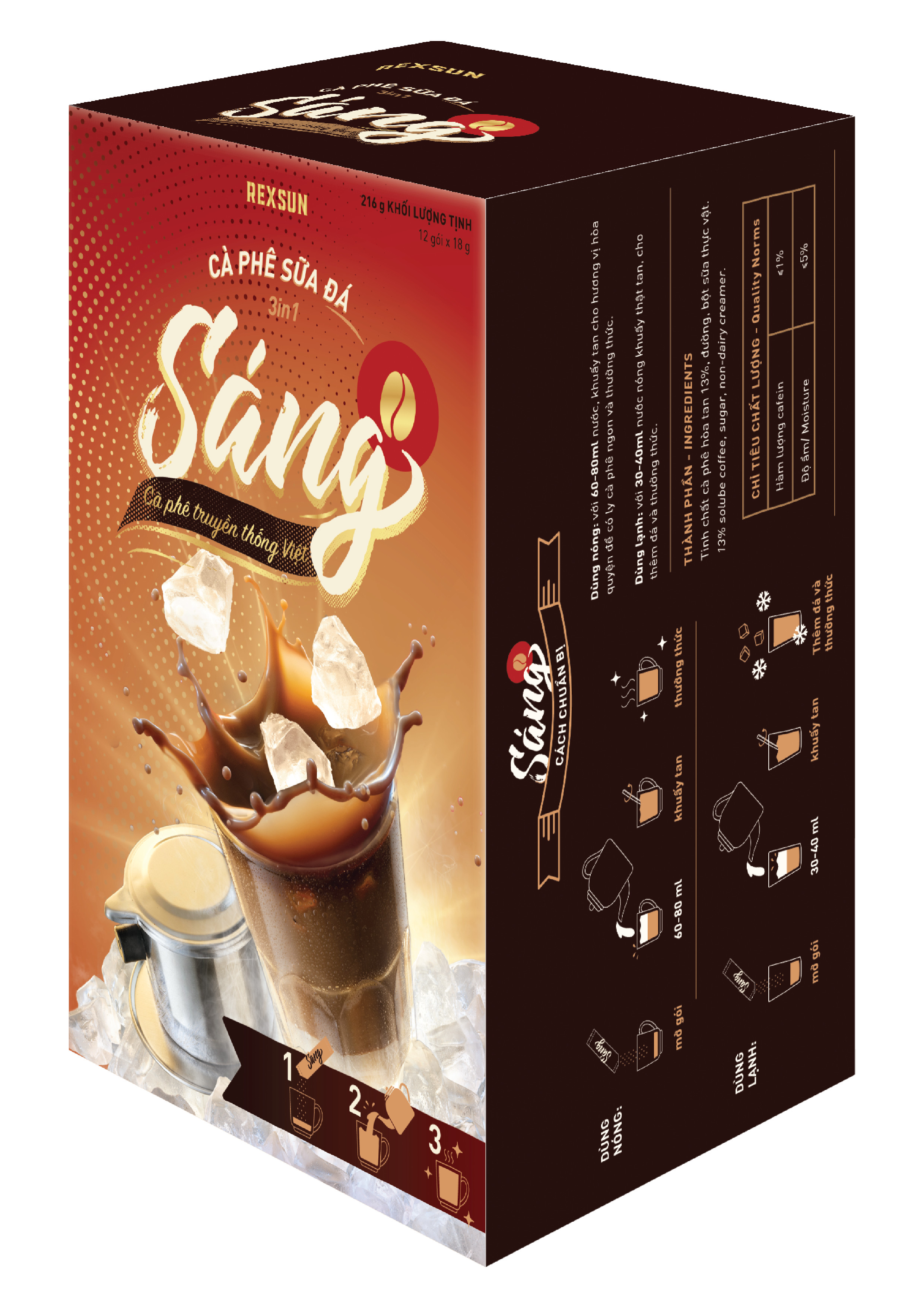 Cà Phê Hoà Tan 3in1 SÁNG SỮA ĐÁ - 216g - Rexsun