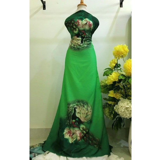 Vải Lụa Nhật Hình Chim Công Xanh, Khổ 1m5 - Co Giãn Nhẹ 4 Chiều - May Áo Dài, Áo Đầm