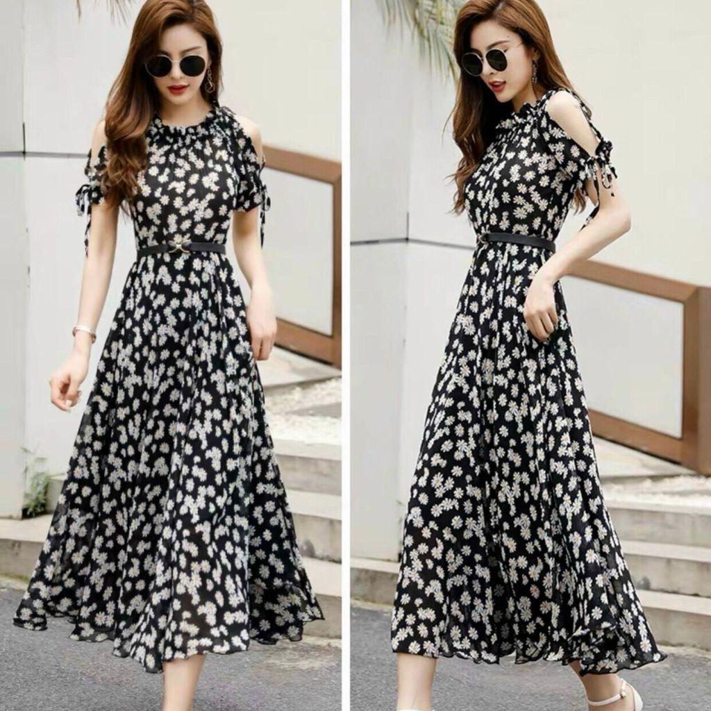 Đầm Maxi Hoa Cúc Thiết Kế Hở Vai Cột Dây, Cổ Nhún Bèo Xịn Sò, Tôn Dáng Yểu Điệu Thướt Tha, Sang Chảnh