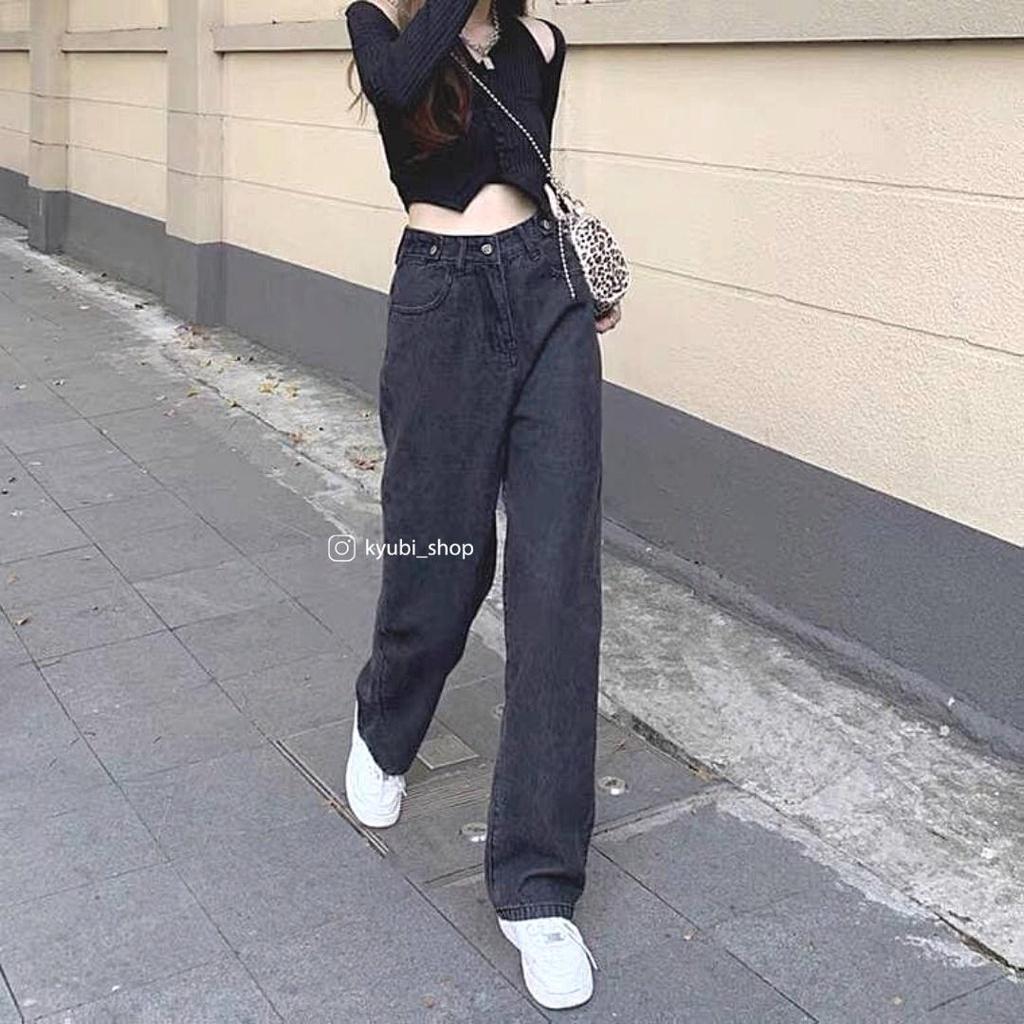 Quần jean nữ ống rộng đen xám phong cách Ulzzang School (Có Bigsize) - Quần jeans baggy suông Kyubi JC25