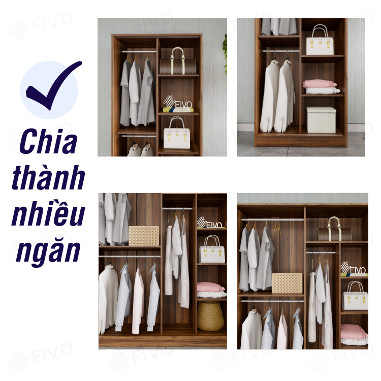 Tủ Áo Quần Cửa Lùa Sang Trọng Gỗ MDF Lõi Xanh Chống Ẩm FC31 FIVO Màu Walnut Ấm Cúng Cho Phòng Ngủ, Thiết Kế Rộng Rãi