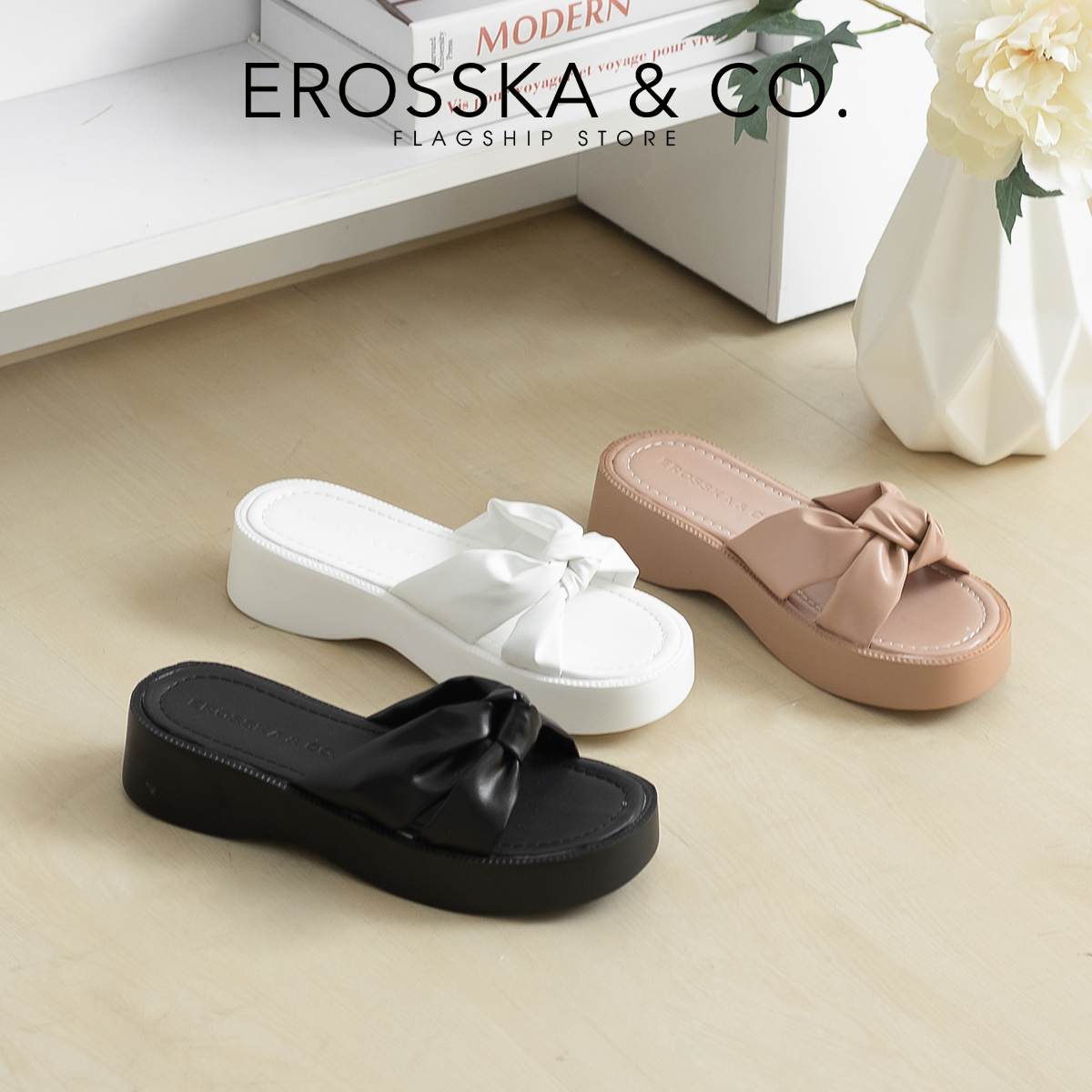 Erosska - Dép nữ thời trang đế xuồng quai thắt nơ tiểu thư cao 4cm - SB011