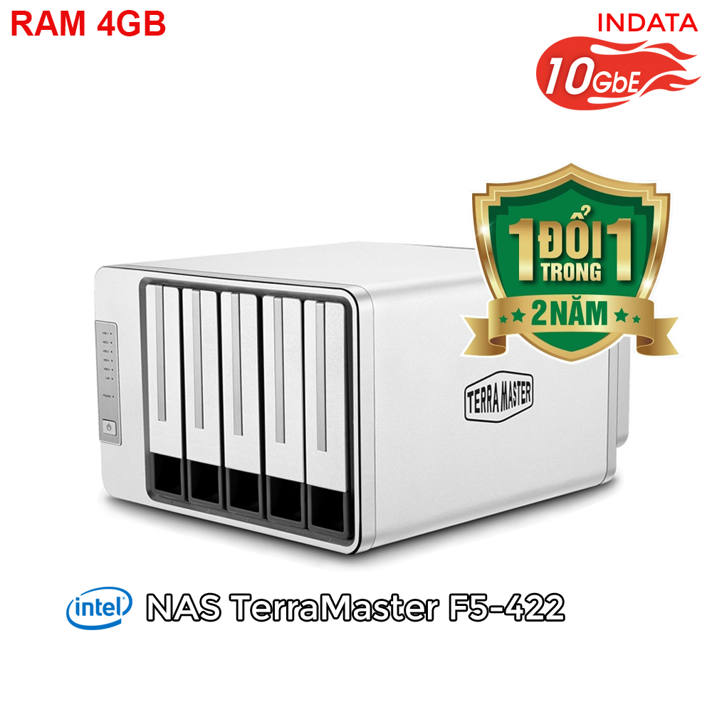 Bộ lưu trữ mạng NAS TerraMaster F5-422, LAN 10Gbps, Intel Quad-Core 1.5GHz, 4GB RAM, 670MB/s, 5 khay ổ cứng RAID 0,1,5,6,10,JBOD,Single - Hàng chính hãng