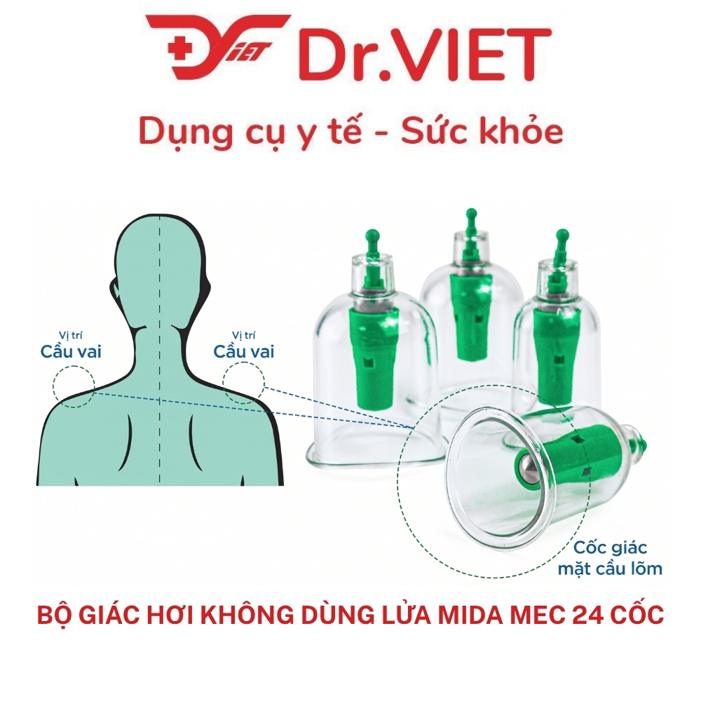 Bộ Giác Hơi Không Dùng Lửa MIDA Mec 24 Cốc FCT0024, Hút Chân Không An Toàn, Nhựa Nguyên Sinh, Có Dây Tự Giác Lưng